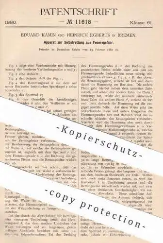 original Patent - Eduard Kamin & Heinrich Egberts , Bremen , 1880 , Selbstrettung aus Feuersgefahr | Feuerwehr , Brand