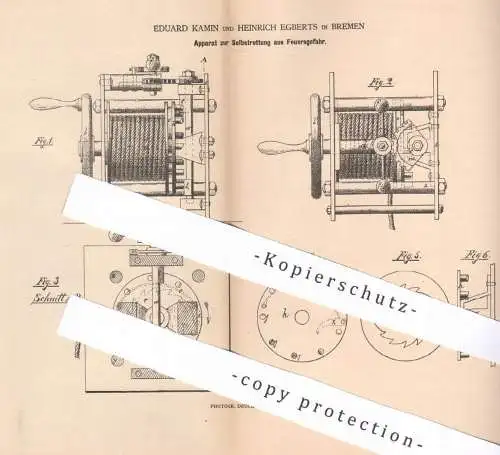 original Patent - Eduard Kamin & Heinrich Egberts , Bremen , 1880 , Selbstrettung aus Feuersgefahr | Feuerwehr , Brand