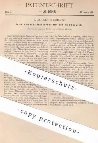 original Patent - G. Zeidler , Görlitz , 1879 , Schwimmendes Wasserrad mit hohlen Schaufeln | Wasserkraft , Energie !!!