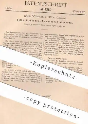 original Patent - Karl Schwabe , Biala , Galizien , 1879 , Selbstdichtendes Dampfdurchlassventil | Dampfmaschine Kessel