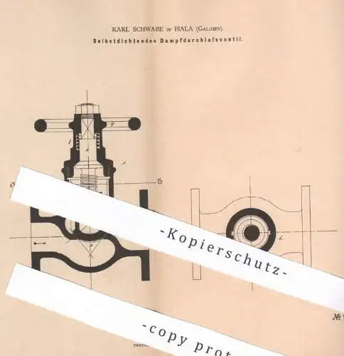 original Patent - Karl Schwabe , Biala , Galizien , 1879 , Selbstdichtendes Dampfdurchlassventil | Dampfmaschine Kessel