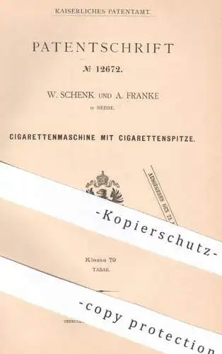 original Patent - W. Schenk & A. Franke , Neisse , 1880 , Zigarettenmaschine | Zigaretten , Zigarren , Tabak !!