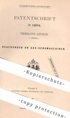 original Patent - Hermann Leusch , Krefeld , 1880 , Gas - Sengmaschinen | Gasbrenner , Brenner | Stoff , Gewebe sengen