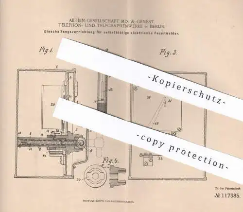 original Patent - AG Mix & Genest , Telephon- & Telegraphenwerke Berlin , 1900 , Einschalter für elektrische Feuermelder