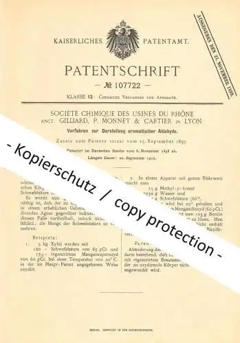 original Patent - Société Chimique des Usines du Rhône Gilliard | P. Monnet & Cartier , Lyon Frankreich | 1898 | Aldehyd