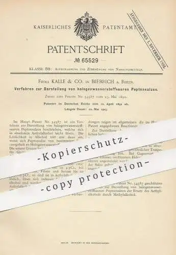 original Patent - Fa. Kalle & Co. , Biebrich / Rhein , 1892 , Darstellung von halogenwasserstoffsaurem Peptonsalz | Salz