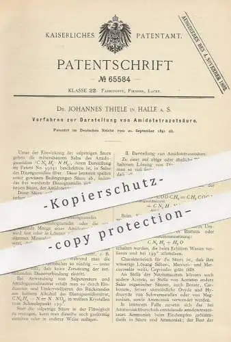 original Patent - Dr. Johannes Thiele , Halle / Saale , 1891 , Darstellung von Amidotetrazotsäure | Säure , Chemie !!!