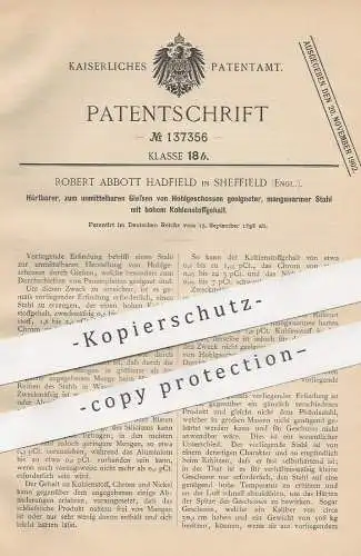 original Patent - Robert Abbott Hadfield , Sheffield , England , 1898 , manganarmer Stahl zum Gießen | Geschosse !!