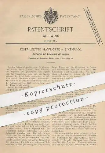 original Patent - Josef Ludwig Hawliczek , Liverpool , England , 1899 , Gewinnung von Aceton | Sägemehl , Kalk !!