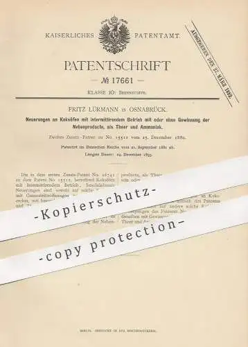 original Patent - Fritz Lürmann , Osnabrück , 1881 , Koksofen | Koks - Ofen | Ofenbauer , Teer , Ammoniak , Feuerung