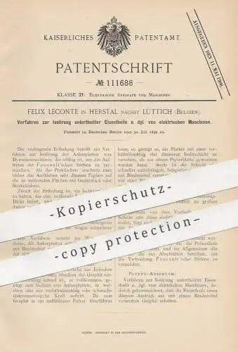 original Patent - Felix Leconte , Herstal / Lüttich , Belgien , 1899 , Isolierung der Eisenteile an elektr. Maschinen