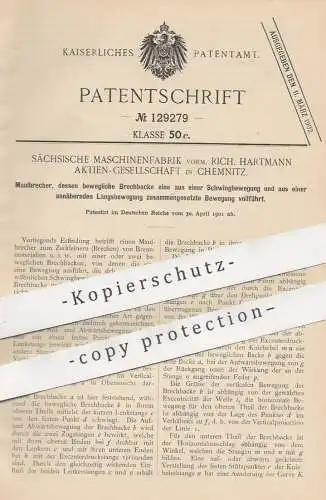 original Patent - Sächsische Maschinenfabrik / Rich. Hartmann AG Chemnitz | 1901 | Maulbrecher | Brechbacke | Werkzeug