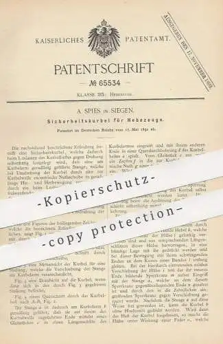 original Patent - A. Spies , Siegen , 1892 , Sicherheitskurbel für Hebezeuge | Kurbel , Aufzug , Fahrstuhl