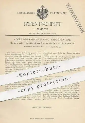 original Patent - Adolf Zimmermann , Prag / Karolinenthal 1892 , Haken m. elastischem Verschluss u. Fangmaul | Schlosser