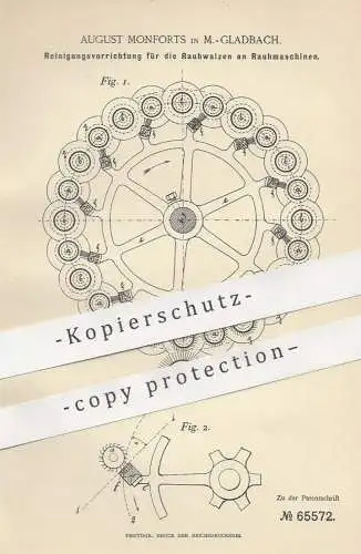 original Patent - August Monforts , Mönchengladbach , 1891 , Reinigung der Walzen an Rauhmaschinen | Walze !!