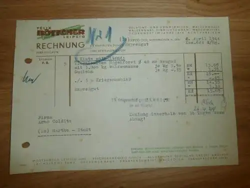 altes Dokument - Felix Böttcher  in Leipzig , 1944 , Walzen , Druckerei , A. Colditz in Hartha i. Sa !!!