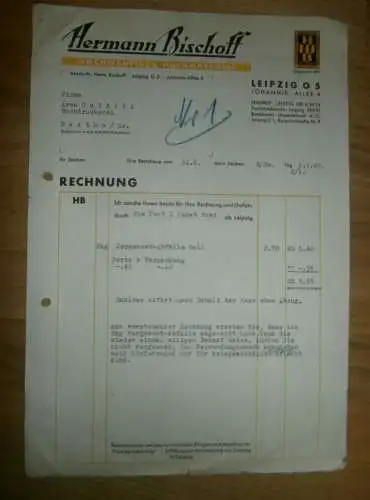 altes Dokument - H. Bischoff in Leipzig , 1942 , Johannis-Allee , A. Colditz in Hartha i. Sa !!!