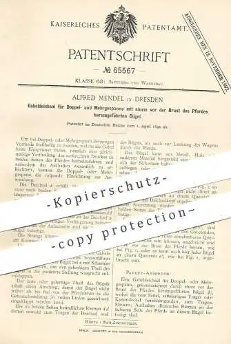 original Patent - Alfred Mendel , Dresden , 1892 , Gabeldeichsel für Pferdegespann | Kutsche , Pferde , Deichsel