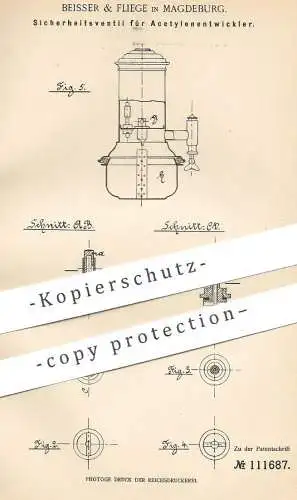 original Patent - Beisser & Fliege , Magdeburg , 1899 , Sicherheitsventil für Acetylenentwickler | Ventil , Acetylen