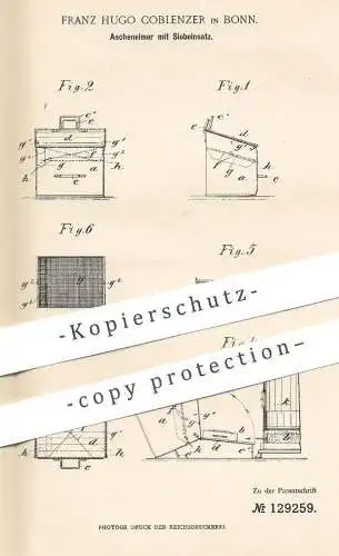 original Patent - Franz Hugo Coblenzer , Bonn , 1900 , Ascheneimer mit Sieb | Aschkasten , Asche - Eimer , Ofen , Öfen