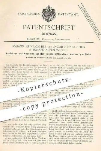 original Patent - Johann Heinrich Bek , Jacob H. Bek , Schaffhausen Schweiz 1892 | geflochtenes vierkantiges Seil | Tau