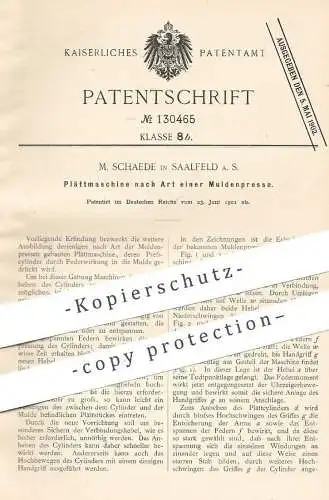 original Patent - M. Schaede , Saalfeld | 1901 | Plättmaschine nach Art einer Muldenpresse | Bügel , Walze , Presse !!!