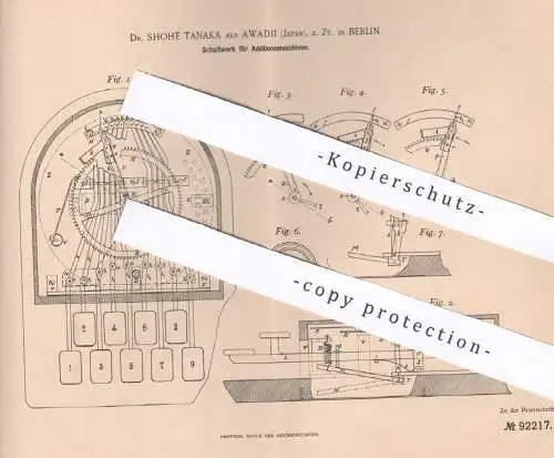 original Patent - Dr. Shohé Tanaka , Awadji , Japan | Berlin | 1896 | Schaltwerk für Additionsmaschine | Rechenmaschine