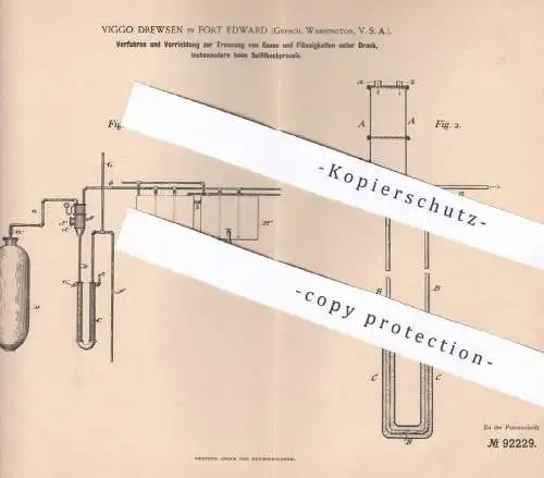 original Patent - Viggo Drewsen , Fort Edward , Washington , USA , 1896 , Trennung von Gas und Flüssigkeit unter Druck