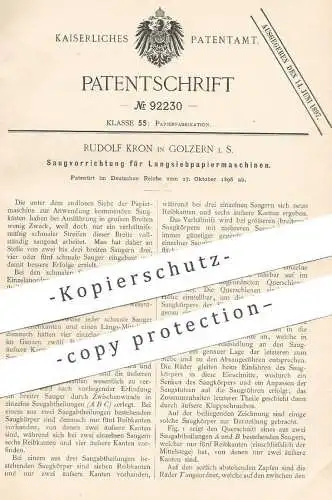 original Patent - Rudolf Kron , Golzern , 1896 , Saugkasten für Langsiebpapiermaschine | Papiermaschine | Papier