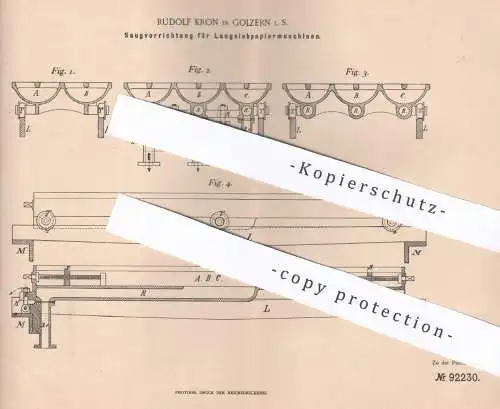 original Patent - Rudolf Kron , Golzern , 1896 , Saugkasten für Langsiebpapiermaschine | Papiermaschine | Papier