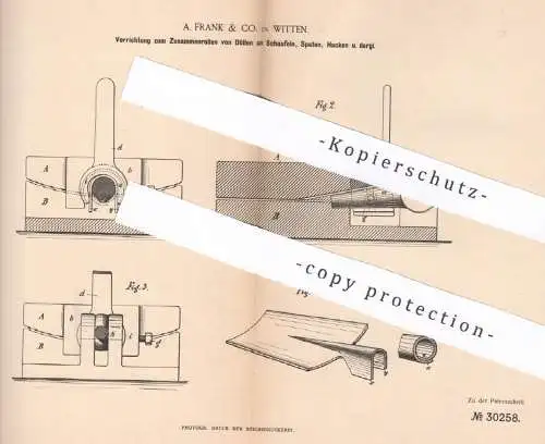 original Patent - A. Frank & Co. Witten , 1884 , Zusammenrollen v. Düllen an Schaufel , Spaten , Hacke | Metall , Presse