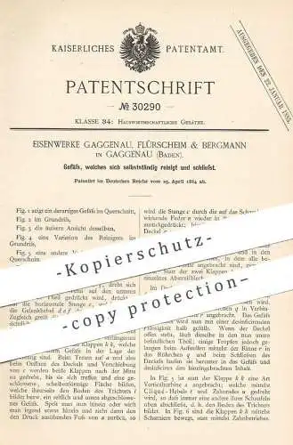 original Patent - Eisenwerke , Flürscheim & Bergmann , Gaggenau / Baden  1884 , selbst reinigendes Gefäß | Topf , Schale