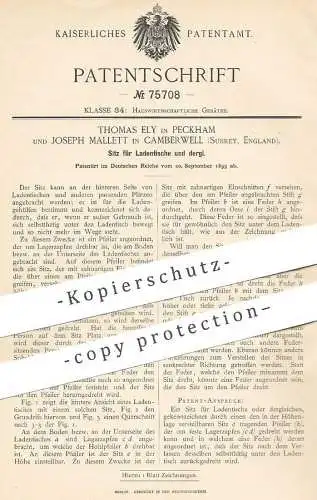 original Patent - Thomas Ely , Peckham , Joseph Mallett , Camberwell , Surrey , England , 1893 , Sitz für Ladentisch !!