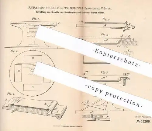 original Patent - Justus Henry Rudolph , Walnut Port , Pennsylvania USA , 1891 , Schleifen von Schiefertafeln | Schiefer