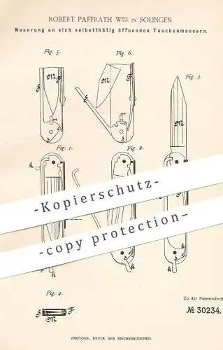 original Patent - obert Paffrath Wwe , Solingen , 1884 , selbst öffnendes Taschenmesser | Messer , Messerklinge , Klinge