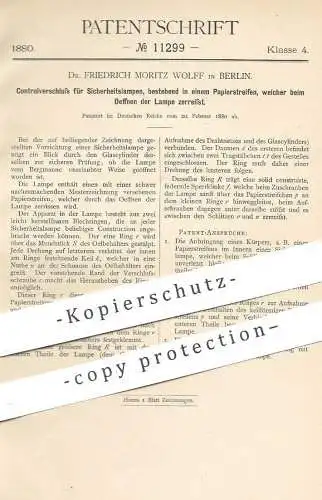 original Patent - Dr. Friedrich Moritz Wolff , Berlin , 1880 , Verschluss für Sicherheitslampen | Petroleumlampe , Lampe