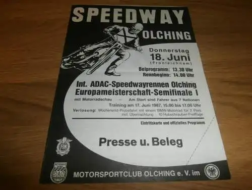 Speedway Olching 18.06.1987 , EM , Programmheft / Programm / Rennprogramm , program !!!