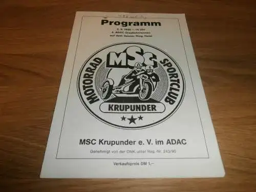 Speedway Krupunder , 2.9.1990 , Heist , Programmheft / Programm / Rennprogramm , program !!!