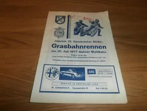 Speedway Osnabrück 10.07.1977 , Grasbahn , Grasbahnrennen , Programmheft / Programm / Rennprogramm , program !!!