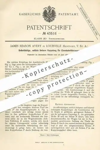 original Patent - James Reason Avery , Louisville , Kentucky , USA , 1887 , Kupplung für Eisenbahn | Eisenbahnen , Lok