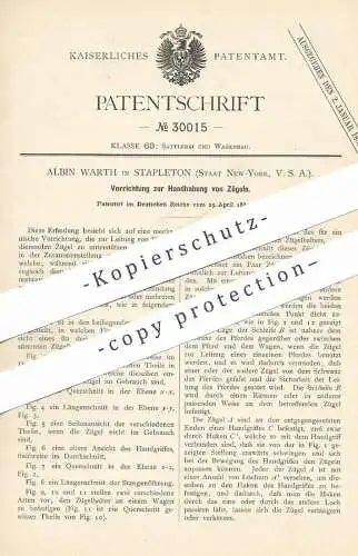 original Patent - Albin Warth , Stapleton , New York , USA , 1884 , Handhabung der Zügel | Pferde , Kutsche , Sattel !!!