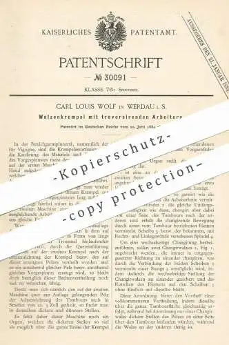 original Patent - Carl Louis Wolf , Werdau i. S. , 1884 , Walzenkrempel mit traversierenden Arbeitern | Spinnmaschine !