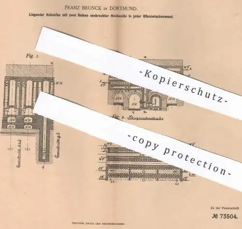 original Patent - Franz Brunck , Dortmund , 1892 , Liegender Koksofen | Ofen , Öfen , Ofenbauer | Koks , Kohle !!!