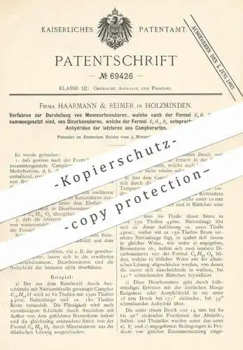 original Patent - Haarmann & Reimer , Holzminden , 1892 , Darstellung v. Monocarbonsäure u. Dicarbonsäure | Säure Chemie