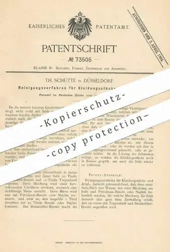 original Patent - Th. Schütte , Düsseldorf , 1892 , Reinigung der Kleidungsstücke | Wäscherei , Waschen , Bekleidung !!