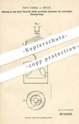 original Patent - Fritz Deimel , Berlin , 1890 , Schwimmer mit selbsttätiger Schraubwirkung | Maschine , Motor