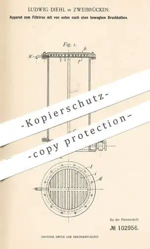original Patent - Ludwig Diehl , Zweibrücken 1897 , Apparat zum Filtrieren | Filter , Filtern | Bier , Hefe , Zapfanlage