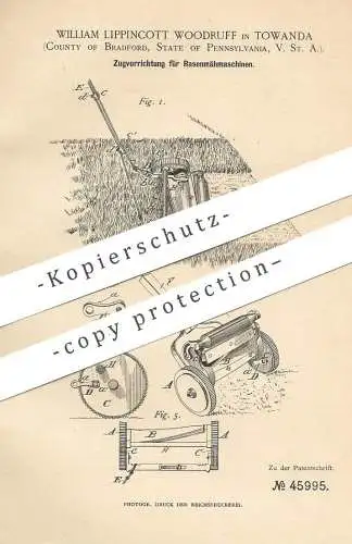 original Patent - William Lippincott Woodruff , Wowanda , Bradford , 1888 , Pennsylvania , USA 1888 | Zug für Rasenmäher