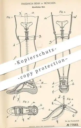 original Patent - Friedrich Behr , München , 1893 , Künstliches Bein | Prothese , Beine , Orthopäde , Arzt , Medizin !!