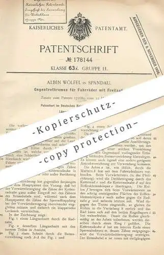 original Patent - Albin Wölfel , Berlin / Spandau , 1904 , Gegentretbremse für Fahrräder mit Freilauf | Fahrrad - Bremse